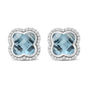 18K Gold 3/8 Cttw Diamond & London Blue Topaz Gemstone Halo Clover Stud Earrings